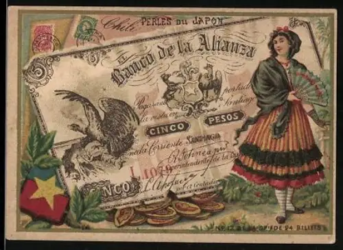 Sammelbild Perles du Japon, A. Chapu, Chilenischer Geldschein 5 Pesos, Frau mit Fächer