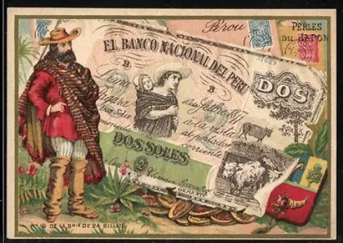Sammelbild Perles du Japon, A. Chapu, Peruanischer Geldschein 2 Soles, Mann in Tracht