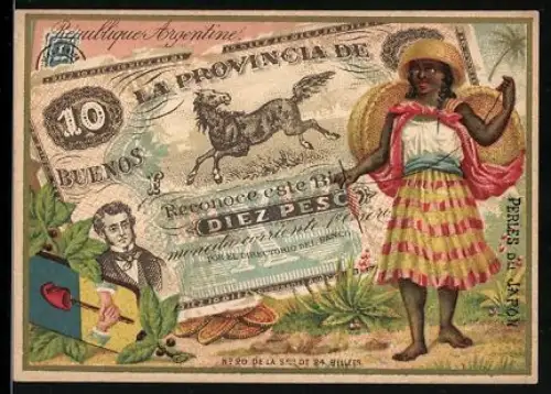 Sammelbild Perles du Japon, A. Chapu, Argentinischer Geldschein 10 Pesos, Einheimische mit Spindel in der Hand