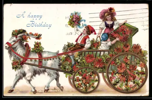AK Kinder in einem mit Blumen geschmückten Ziegengespann