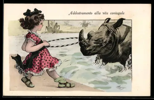 AK Kleines Mädchen zieht Nashorn mit Spielreif am Horn