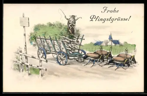 AK Maikäfer transport Birkenstämme in Maikäfer-Wagen, Pfingstgruss