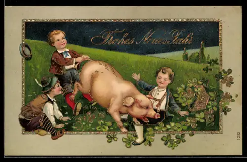 Präge-AK Drei Kinder mit Glücksschwein u. Korb mit Klee, Neujahrsgruss