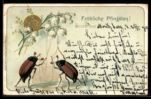 Präge-Lithographie Zwei Maikäfer läuten Maiglöckchen-Glocken, goldene Sonne, Pfingstgruss