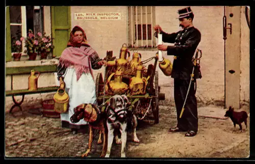AK Brüssel, Milch Inspektor konrtolliert Milchfrau mit Hundegespann