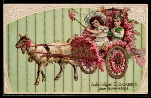 AK Kleines Paar im Ziegengespann mit Blumen, Namenstagsgruss