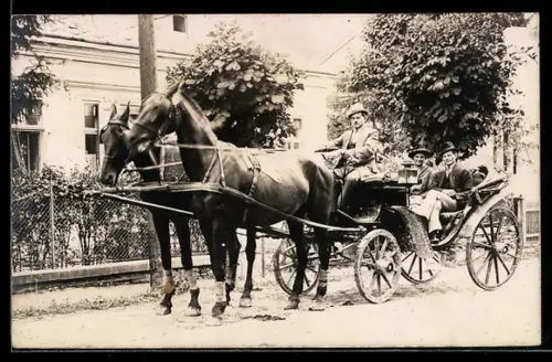 Foto-AK Junges Paar in Pferdekutsche mit Chauffeur, ca. 1920