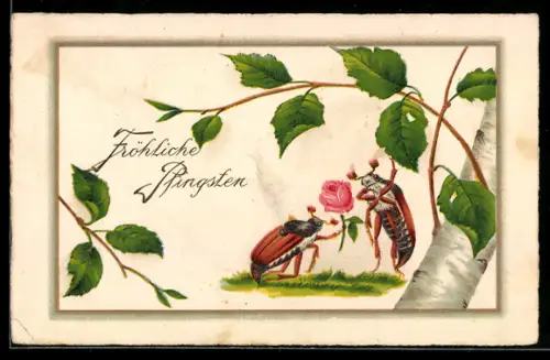 AK Maikäfer überreicht Angebeteter eine Rose, Birke, Pfingstgruss