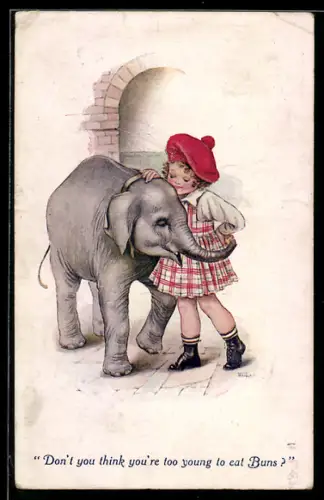 AK Kleine Schottin mit jungem Elefant