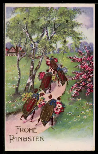 AK vermenschlichte Maikäfer tragen Blumenstäusse