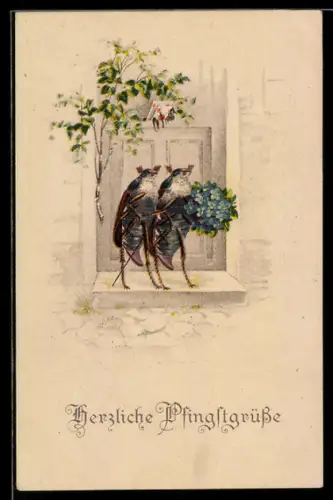 AK vermenschlichte Maikäfer als Liebespaar mit einem Blumenstrauss, Pfingsten