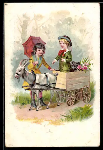 Lithographie Zwei kleine Mädchen mit Ziegengespann und Hund im Grünen