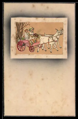 AK Zwei kleine Mädchen mit Ziegengespann bei der Ausfahrt im Grünen