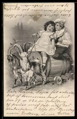 AK Kinderpaar auf Fass-Ziegenwagen im Grünen