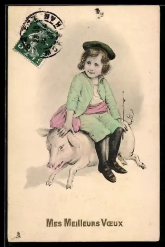 AK Kind auf dem Rücken eines Schweines