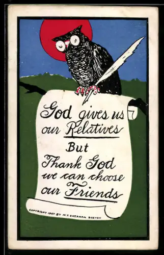 AK Eule mit Brief und Schreibfeder, rote Sonne