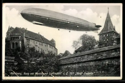 AK Nürnberg, Luftschiff LZ 127 Graf Zeppelin über der Burg