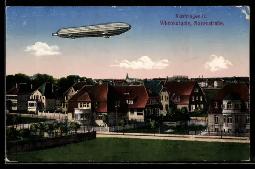 AK Rüstringen II., Zeppelin über der Villenkolonie in der Rosenstrasse