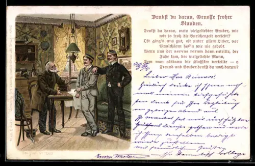 AK Verbindungsstudenten in Vollcouleur in einem Raum mit Schlägern an den Wänden