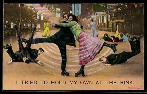 AK I tried to hold my own at the rink, Liebespaar läuft Rollschuh