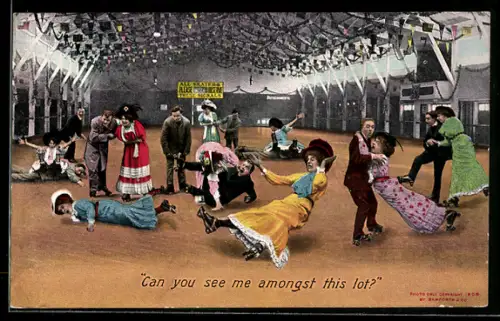 AK Saal mit umfallenden Rollschuhfahrern