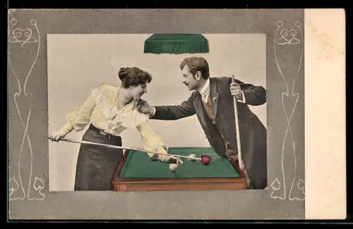 AK Mann und Frau beim Billardspiel