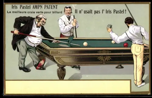 AK Math. Bour W. Billardfabrik, Köln a. R., Reklame für Iris Pastel Billardkreide, Herren am Billardtisch