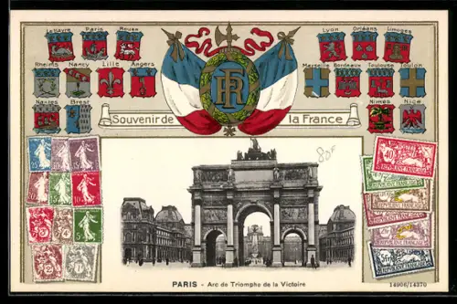 AK Paris, Arc de Triopmphe de la Victoire mit Briefmarken und Wappen von Angers, Brest, Nantes, Nice, Nimes...