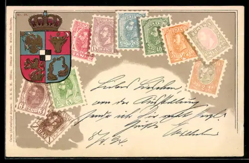 AK Verschiedene rumänische Briefmarken mit Wappen des Königreichs Rumänien