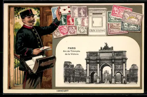AK Paris, Arc de Triomphe, Postbote und verschiedene französische Briefmarken
