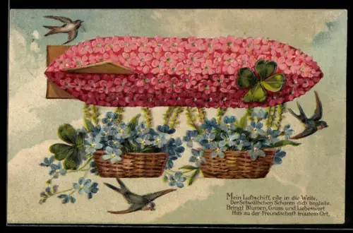 AK Zeppelin aus Vergissmeinnicht mit einer daneben fliegenden Schwalbe