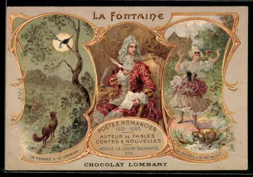 AK Chocolat Lombart, Dichter La Fontaine mit Schreibfeder, le Renard & le Corbeau, la Laitiére & le Pot-au-Lait