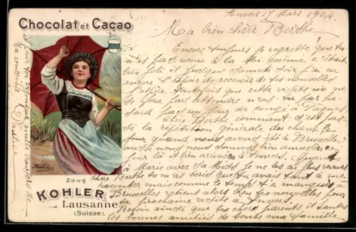 AK Lausanne, Chocolat et Cacao, Junge Frau mit einem Regenschirm