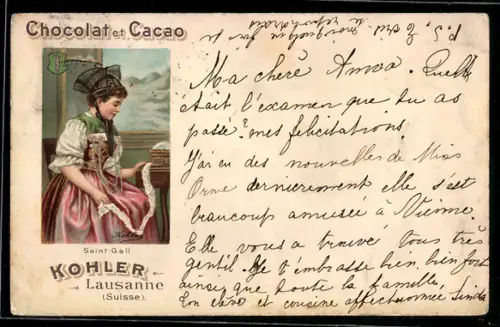 AK Lausanne, Chocolat et Cacao, Junge Frau in Tracht