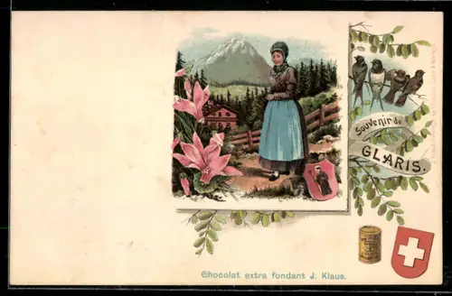 Lithographie Glaris, Frau in Trachten, Vögel, Wappen