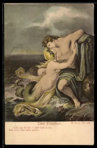 AK Nixe umarmt einen Mann auf einem Felsen, Der Fischer