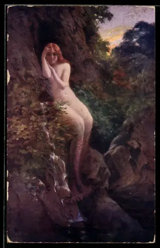 AK Schöne Nixe mit rotem Haar sitzt an einer Wand