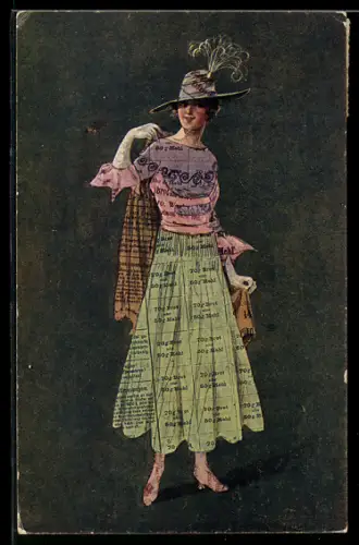 AK Dame im eleganten Nachmittagskleid aus Lebensmittelmarken