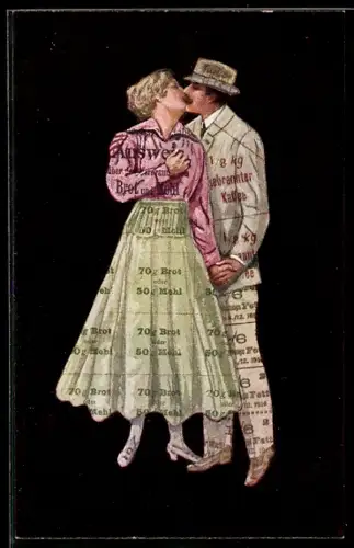 AK Paar beim Kuss mit Kleidern, die diverse Nahrungsmittel in einer Kriegsnotlage wert sind