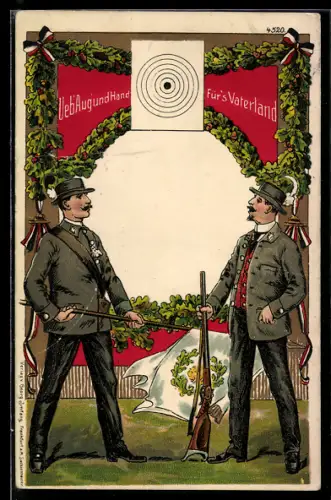 Lithographie Werbung fürs Schützenfest mit zwei Schützen, Üb Aug und Hand für`s Vaterland