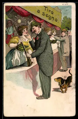 Lithographie Mann bei bandelt mit einer hübschen Frau am Schiessstand auf einem Volksfest an