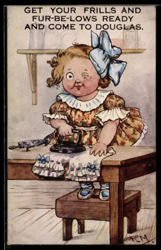 Künstler-AK sign. R.M.: Mädchen mit blauer Schleife im Haar beim Bügeln