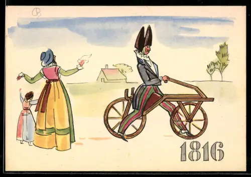 AK Ernster Mann auf einem Holzfahrrad, Reklame für Fahrräder von Pirelli