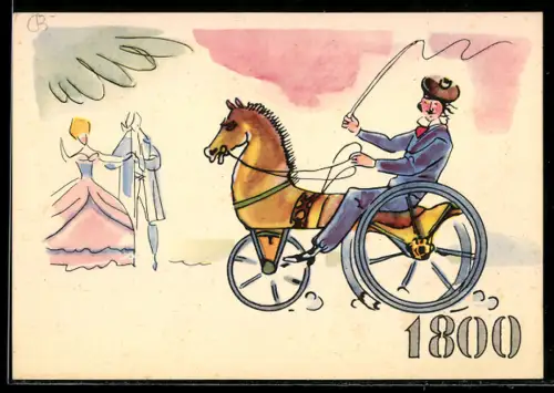 AK Mann sitzt auf einem mit einem Fahrred verbundenen Steckenpferd, Reklame für Fahrräder von Pirelli