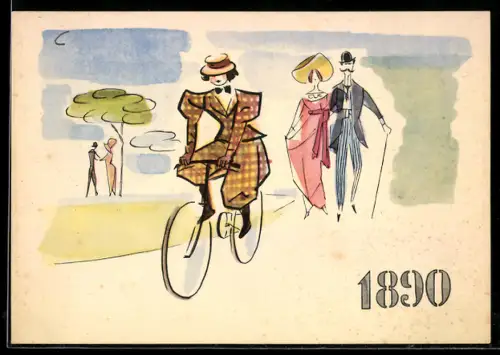 AK Frau auf einem Fahrrad passiert zwei Fussgänger, Reklame für Fahrräder von Pirelli