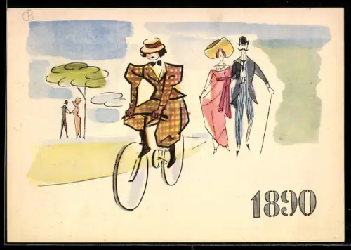 AK Frau fährt auf ihrem Fahrrad an Fussgängern vorbei, Reklame für Fahrräder von Pirelli