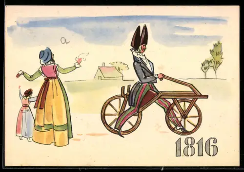 AK Ernster Mann passiert eine Fussgängerin auf seinem Fahrrad, Reklame für Räder von Pirelli