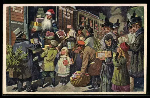 AK Weihnachtsmann verteilt Geschenke aus dem Zug heraus