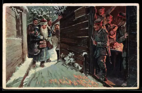 Künstler-AK Der feldgraue Weihnachtsmann, Eintreffen im Schützengraben
