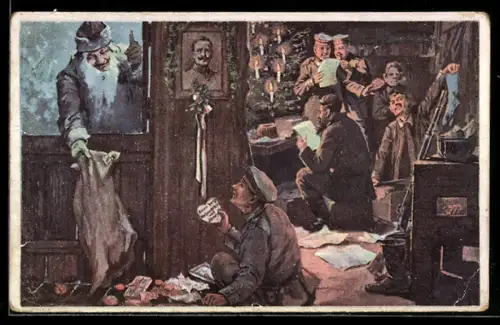 AK Weihnachtsmann überbringt Soldaten in Baracke Geschenke